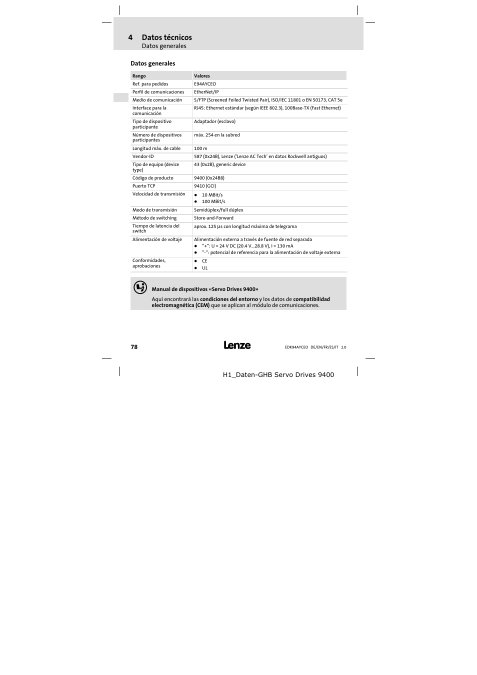 4 datos técnicos, Datos generales, Datos técnicos | 4datos técnicos | Lenze E94AYCEO User Manual | Page 78 / 114