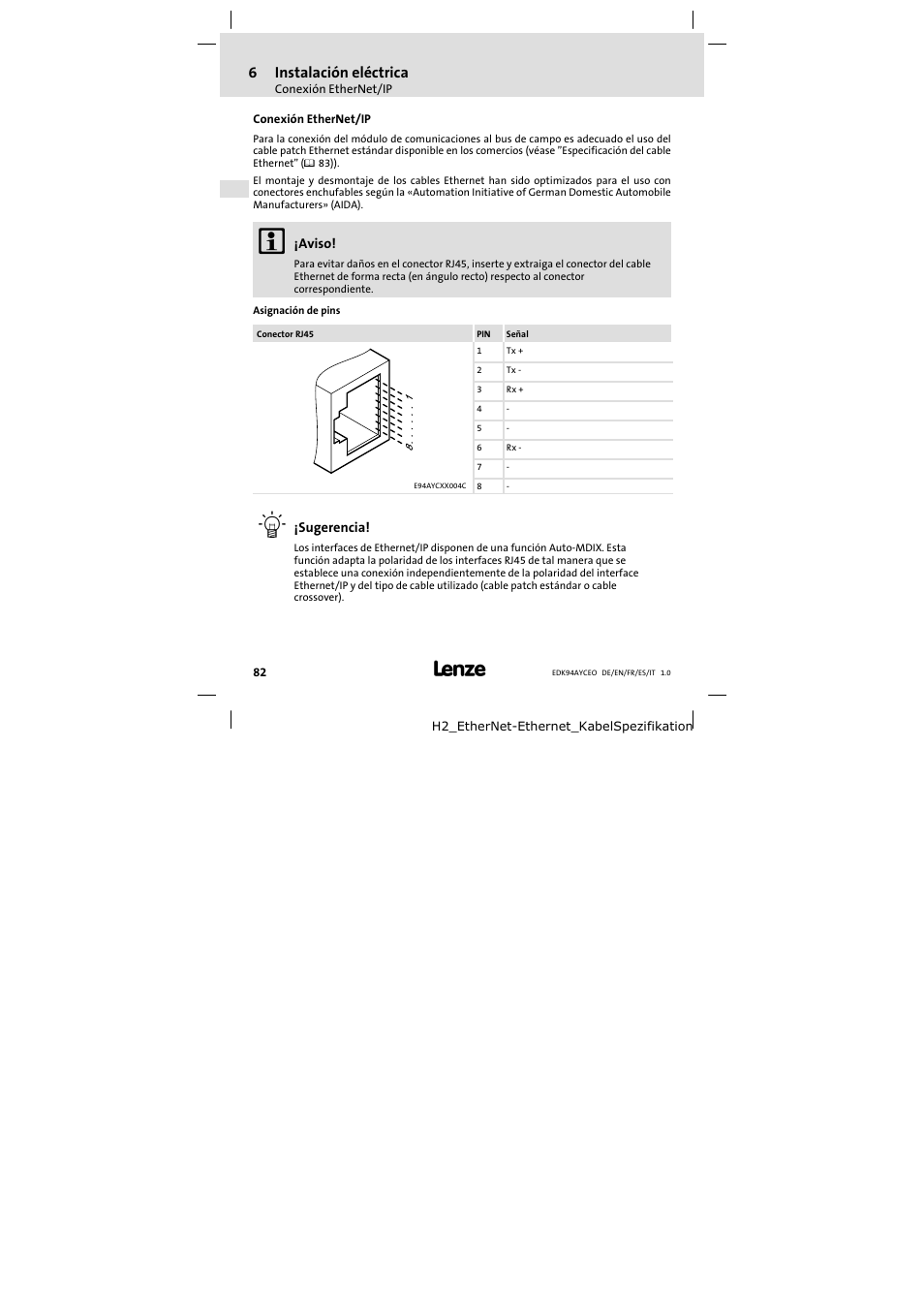 Conexión ethernet/ip, 6instalación eléctrica | Lenze E94AYCEO User Manual | Page 82 / 114