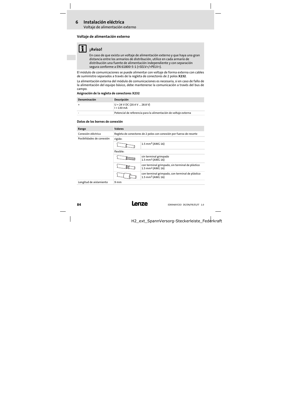 Voltaje de alimentación externo, 6instalación eléctrica | Lenze E94AYCEO User Manual | Page 84 / 114