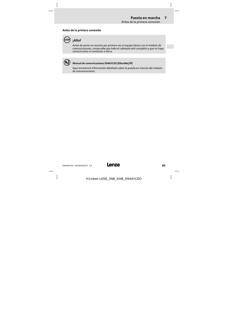 7 puesta en marcha, Antes de la primera conexión, Puesta en marcha | Lenze E94AYCEO User Manual | Page 85 / 114