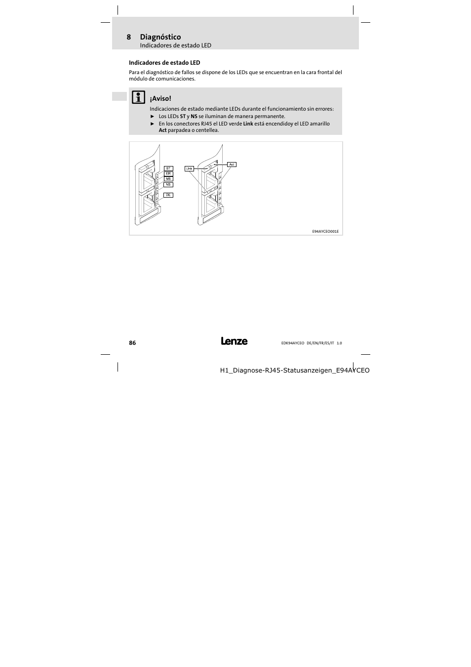 8 diagnóstico, Indicadores de estado led, Diagnóstico | 8diagnóstico | Lenze E94AYCEO User Manual | Page 86 / 114