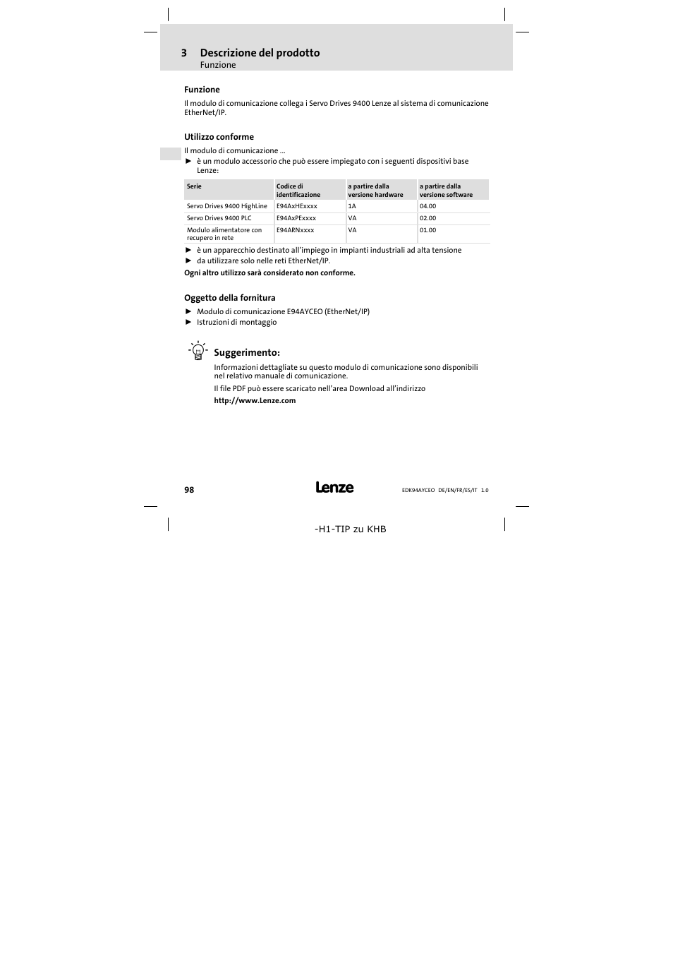 3 descrizione del prodotto, Funzione, Utilizzo conforme | Oggetto della fornitura, Descrizione del prodotto, Utilizzo conforme 98, 3descrizione del prodotto | Lenze E94AYCEO User Manual | Page 98 / 114