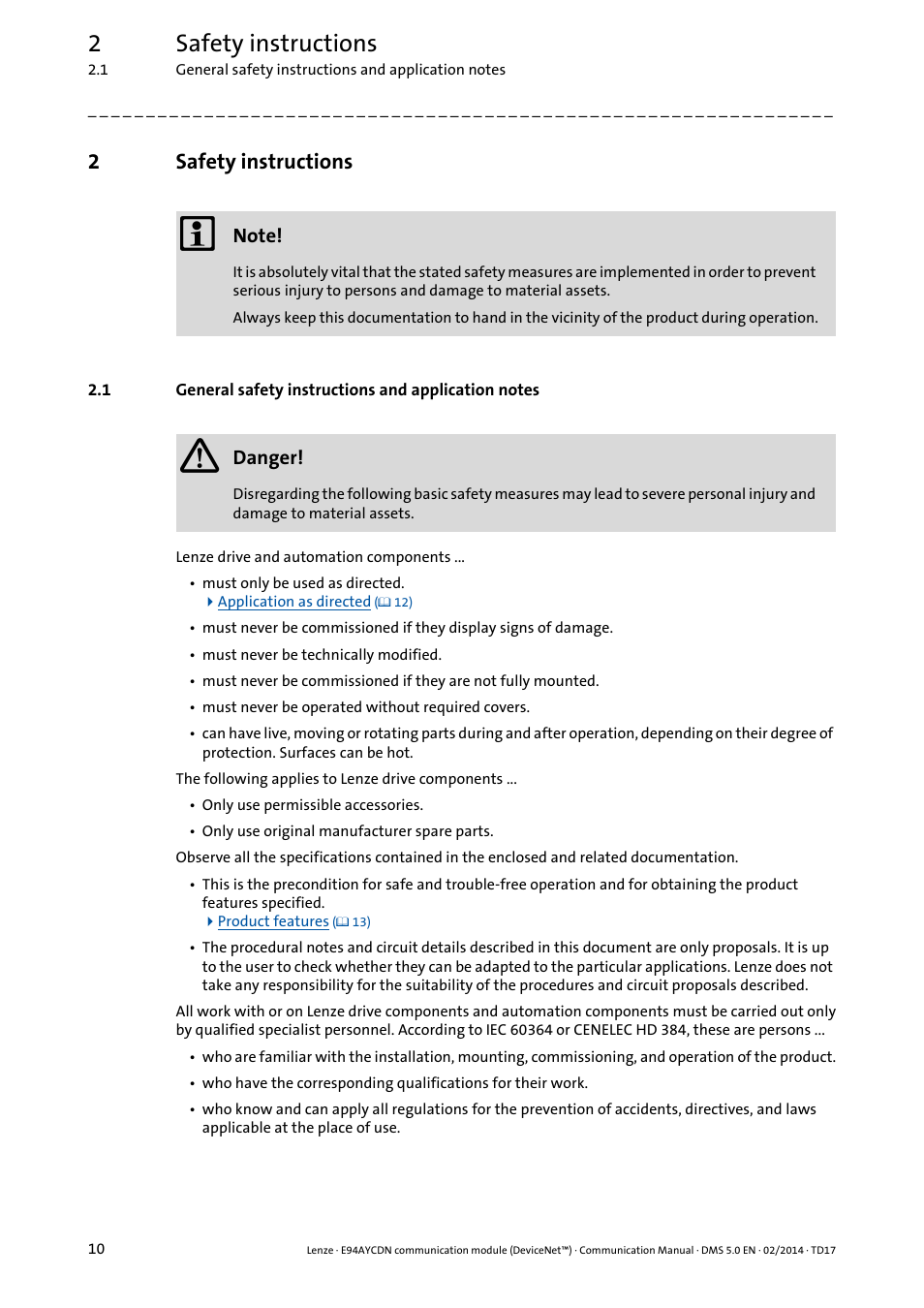2 safety instructions, Safety instructions, General safety instructions and application notes | 2safety instructions | Lenze E94AYCDN User Manual | Page 10 / 89