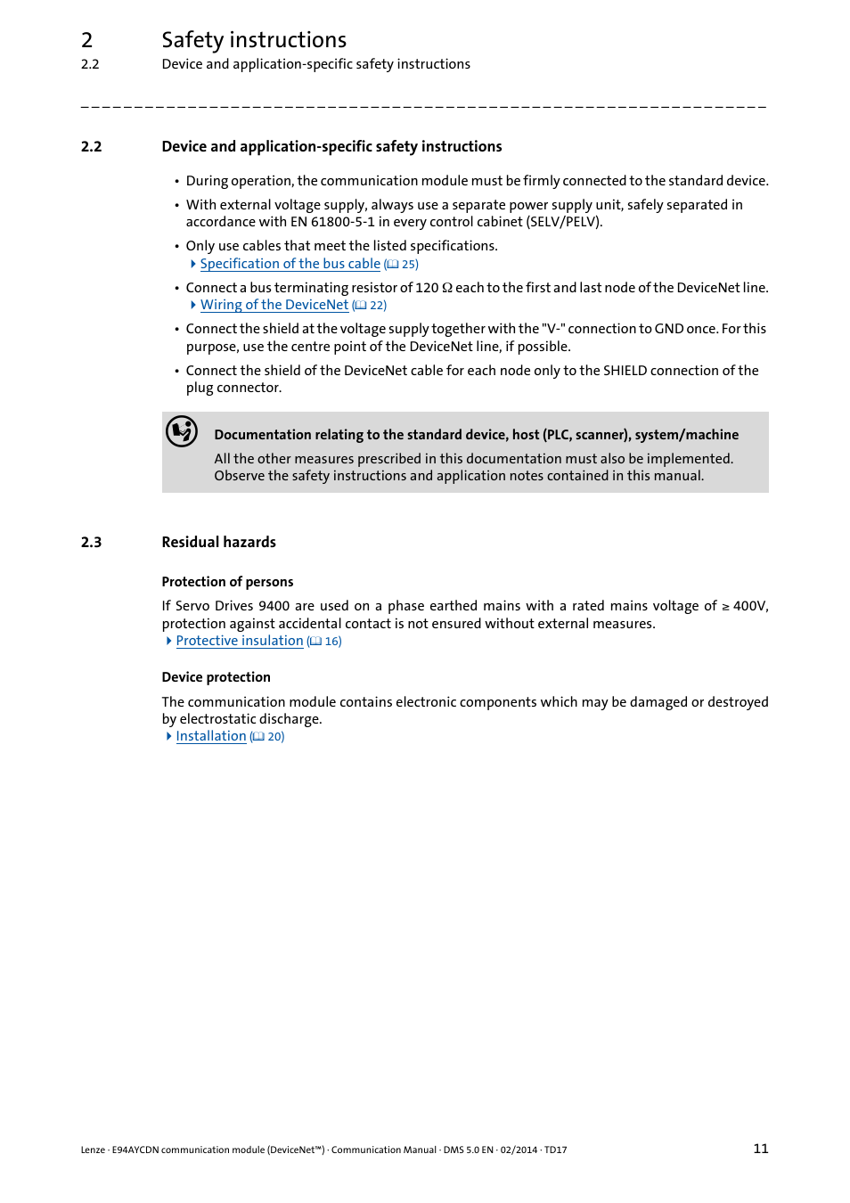 3 residual hazards, Residual hazards, 2safety instructions | Lenze E94AYCDN User Manual | Page 11 / 89