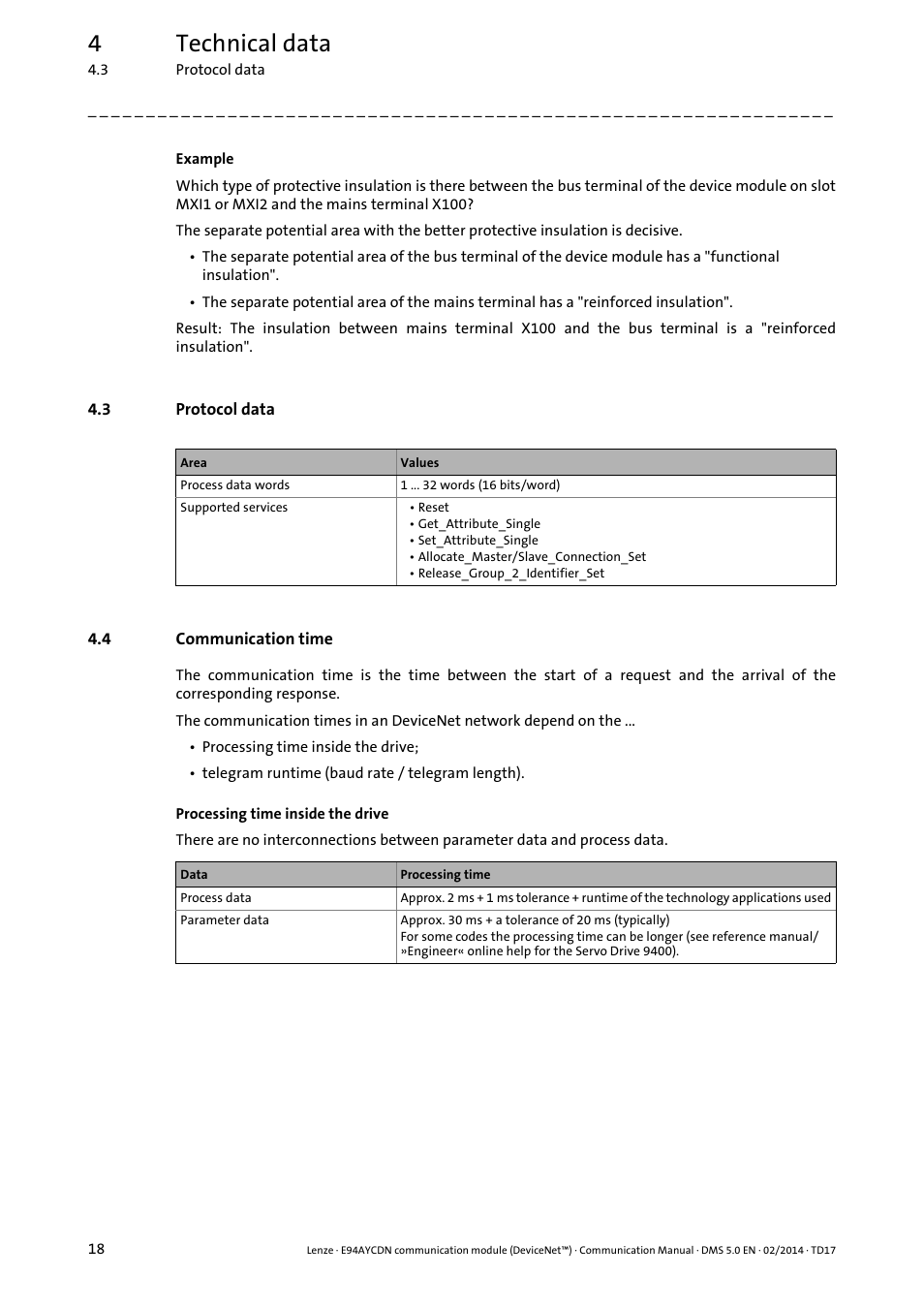 3 protocol data, 4 communication time, Protocol data | Communication time, 4technical data | Lenze E94AYCDN User Manual | Page 18 / 89