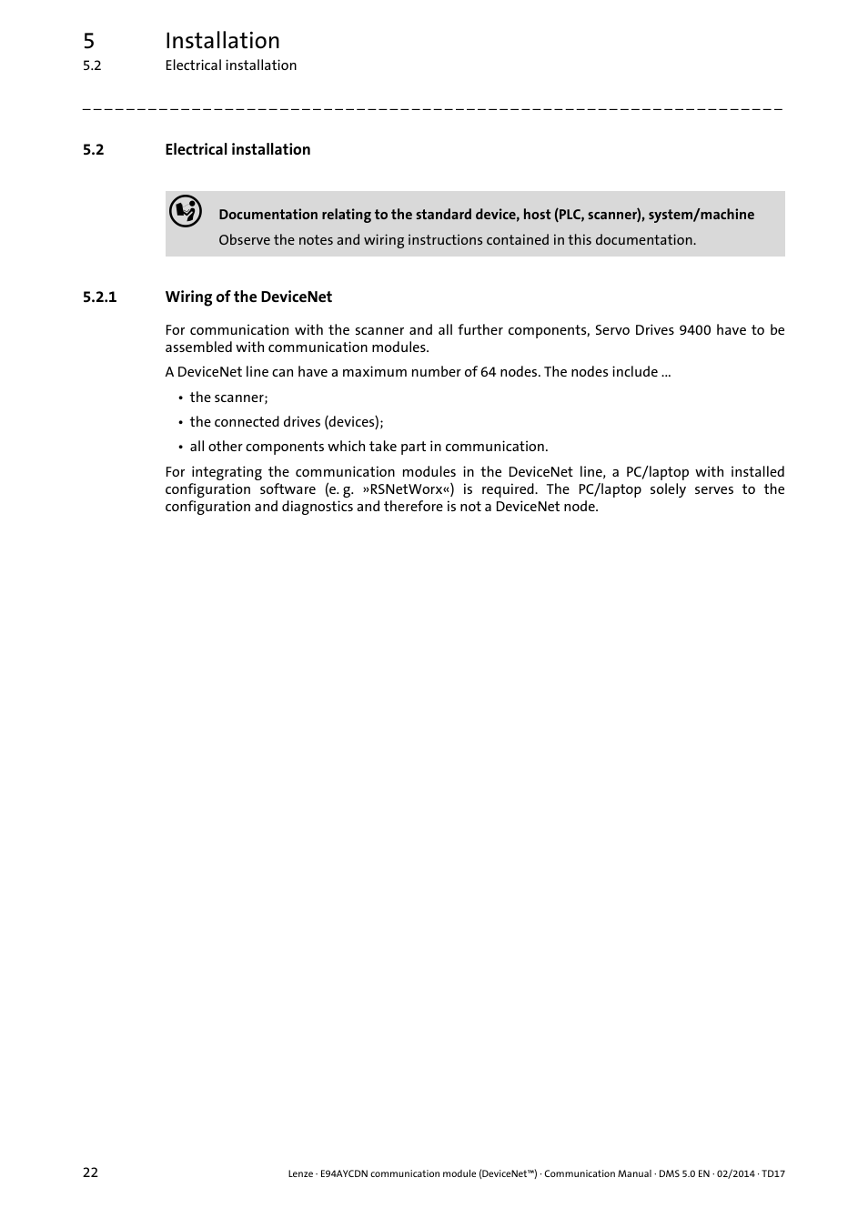 2 electrical installation, 1 wiring of the devicenet, Electrical installation | Wiring of the devicenet, Wiring of the devicenet ( 22), 5installation | Lenze E94AYCDN User Manual | Page 22 / 89