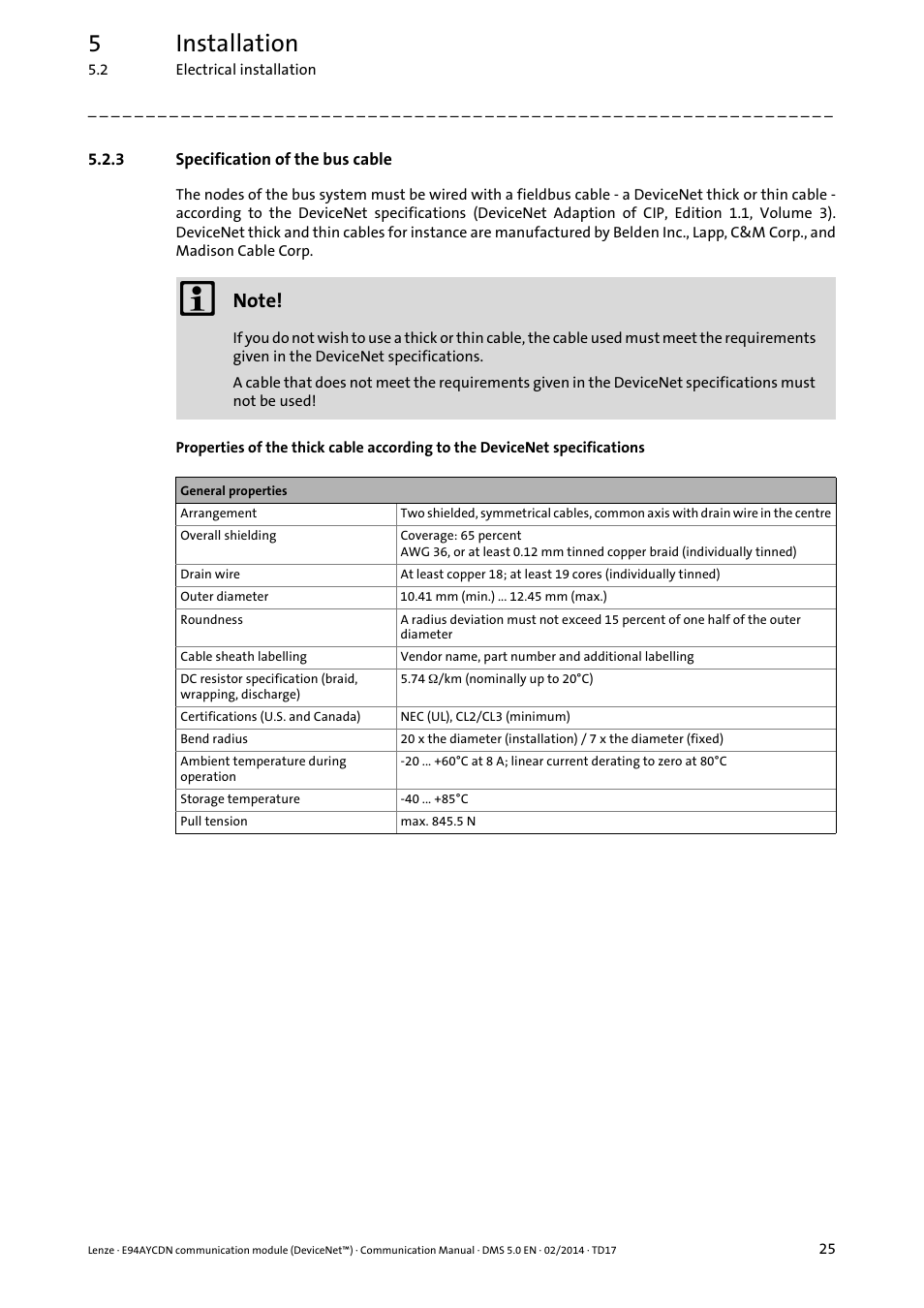 3 specification of the bus cable, Specification of the bus cable, 5installation | Lenze E94AYCDN User Manual | Page 25 / 89