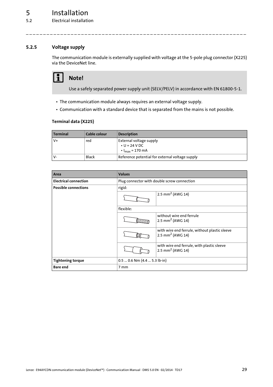 5 voltage supply, Voltage supply, Voltage supply ( 29) | 5installation | Lenze E94AYCDN User Manual | Page 29 / 89