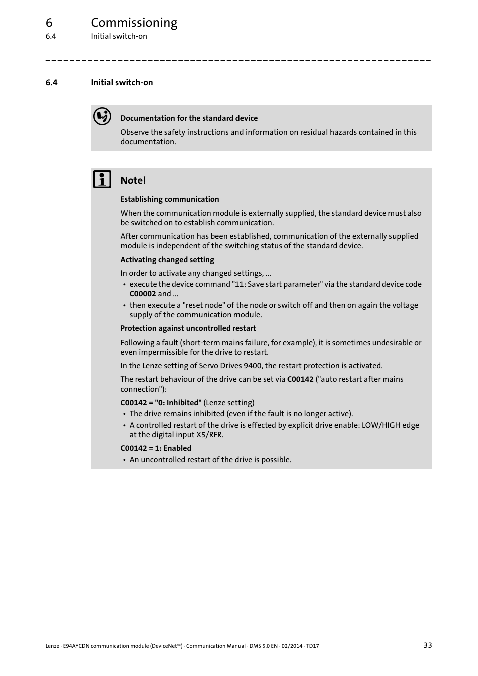 4 initial switch-on, Initial switch-on, 6commissioning | Lenze E94AYCDN User Manual | Page 33 / 89
