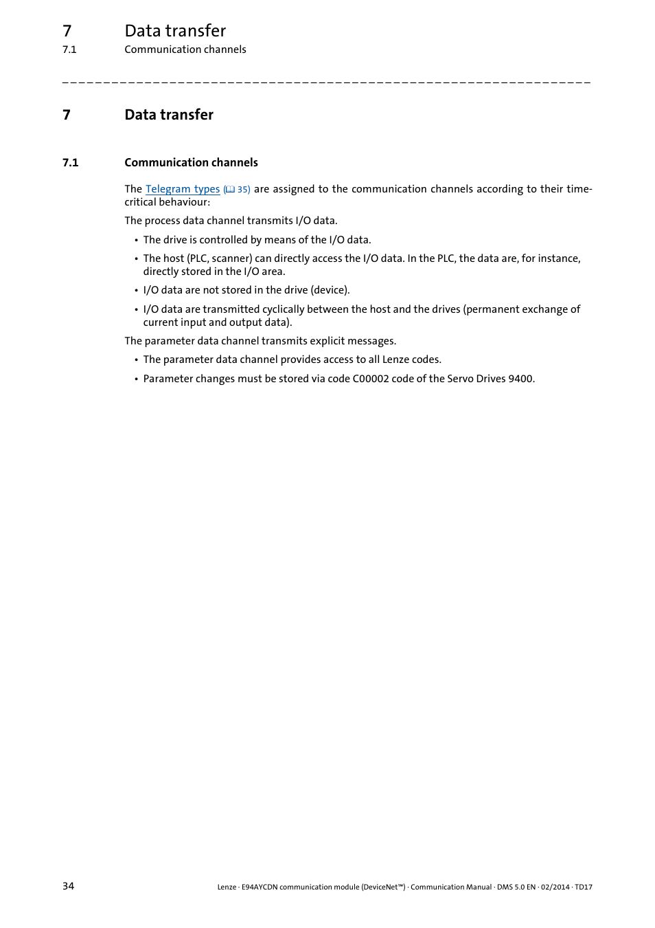 7 data transfer, 1 communication channels, Data transfer | Communication channels, 7data transfer | Lenze E94AYCDN User Manual | Page 34 / 89