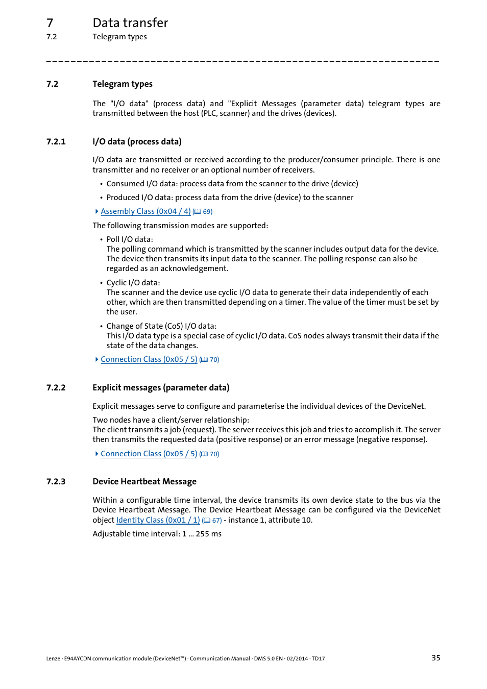 2 telegram types, 1 i/o data (process data), 2 explicit messages (parameter data) | 3 device heartbeat message, Telegram types, I/o data (process data), Explicit messages (parameter data), Device heartbeat message, 7data transfer | Lenze E94AYCDN User Manual | Page 35 / 89