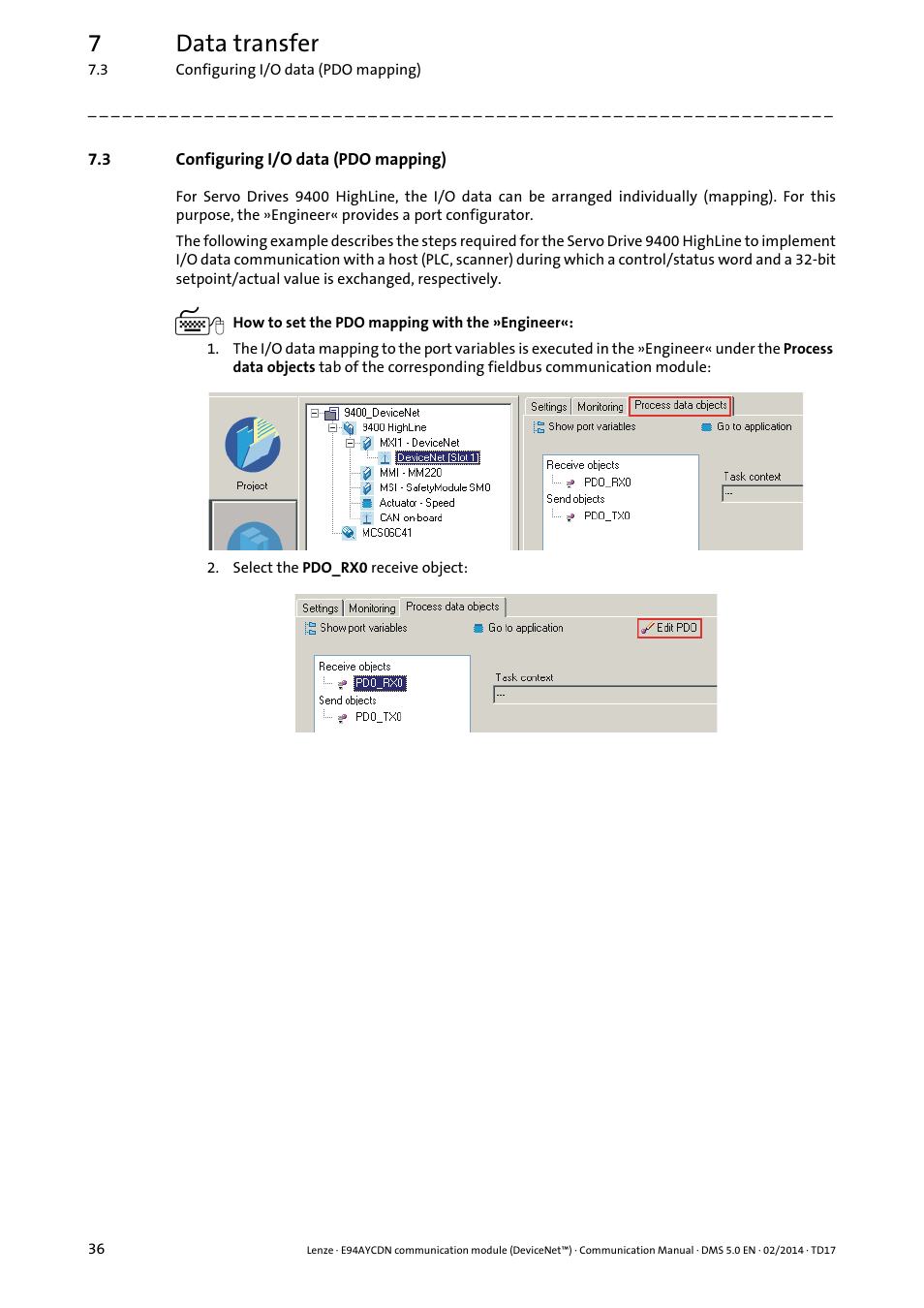 3 configuring i/o data (pdo mapping), Configuring i/o data (pdo mapping), Length | Configuring i/o data (pdo, Mapping) ( 36), And is, If this len, 7data transfer | Lenze E94AYCDN User Manual | Page 36 / 89