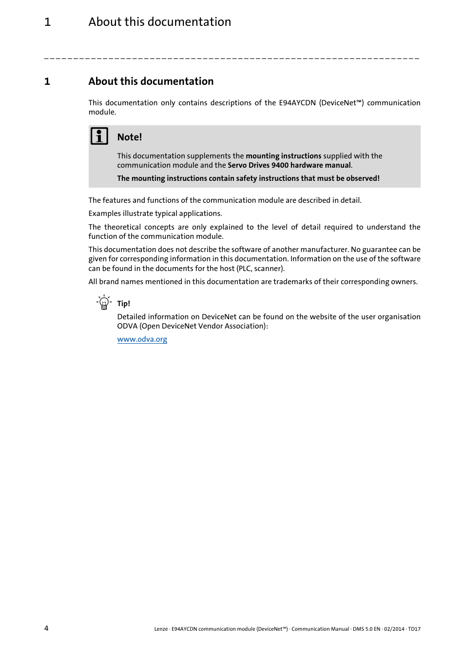 1 about this documentation, About this documentation, 1about this documentation | Lenze E94AYCDN User Manual | Page 4 / 89