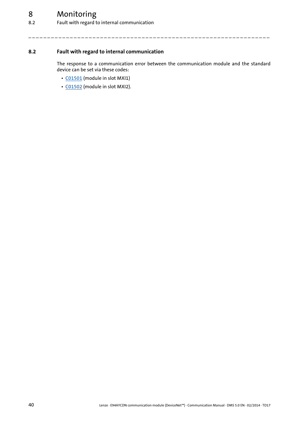 2 fault with regard to internal communication, Fault with regard to internal communication, 8monitoring | Lenze E94AYCDN User Manual | Page 40 / 89