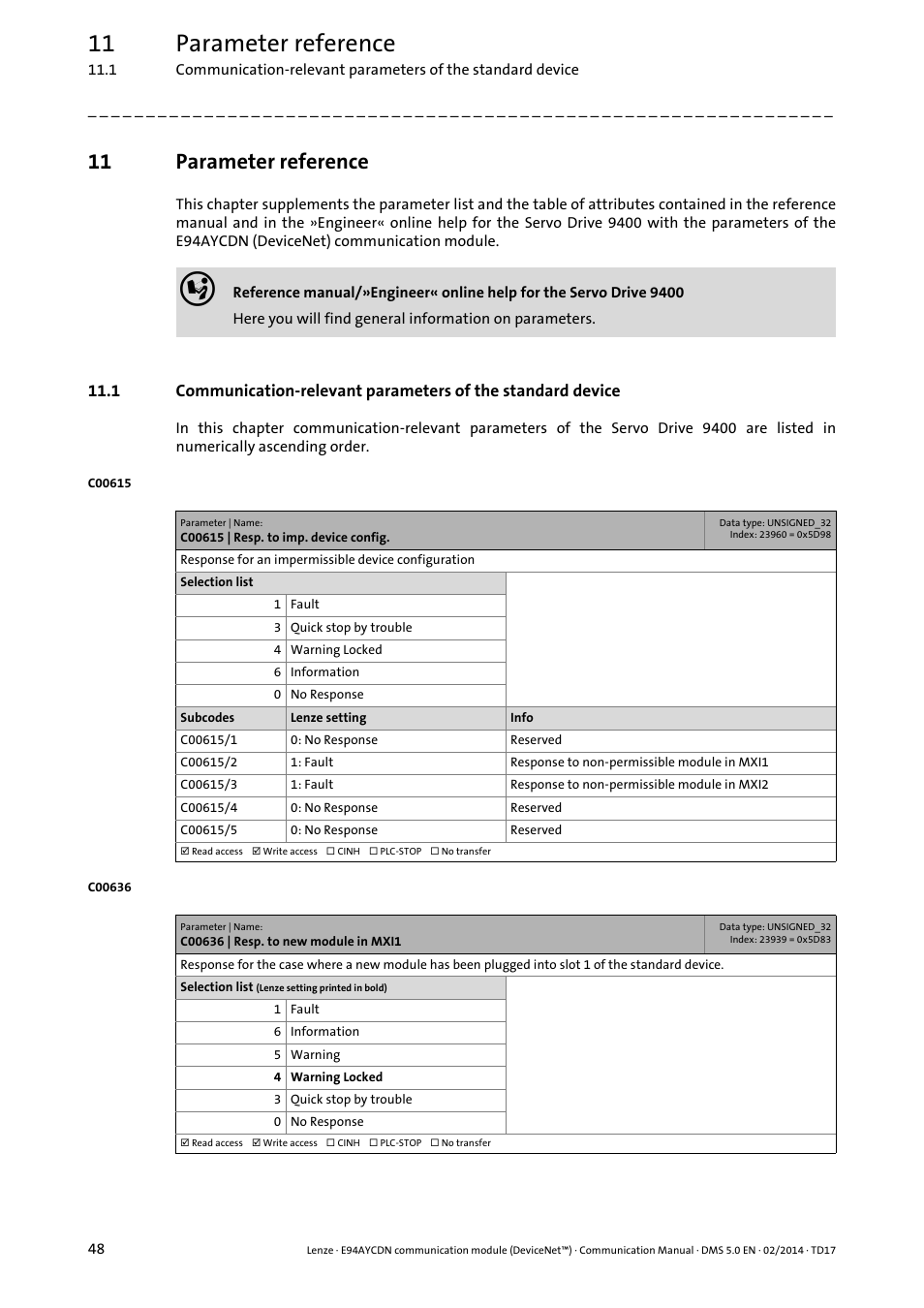 11 parameter reference, C00615 | resp. to imp. device config, C00636 | resp. to new module in mxi1 | Parameter reference | Lenze E94AYCDN User Manual | Page 48 / 89