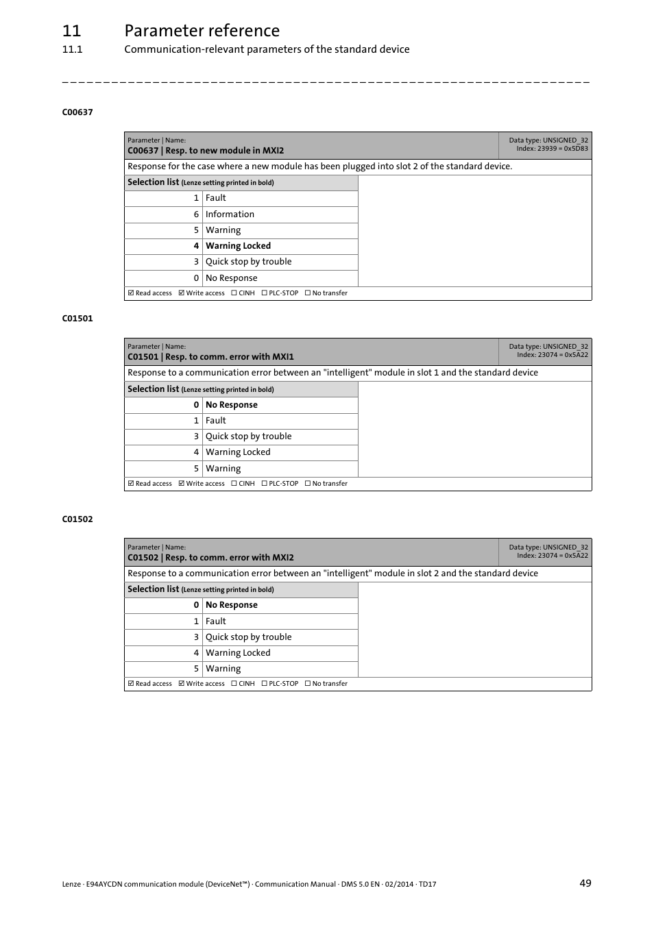 C00637 | resp. to new module in mxi2, C01501 | resp. to comm. error with mxi1, C01502 | resp. to comm. error with mxi2 | 11 parameter reference | Lenze E94AYCDN User Manual | Page 49 / 89