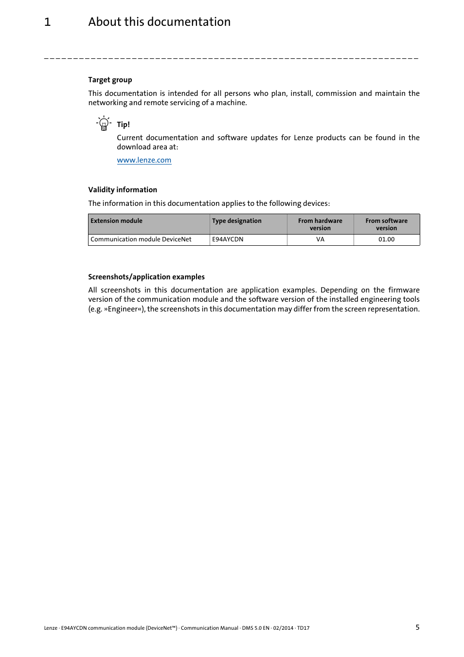 1about this documentation | Lenze E94AYCDN User Manual | Page 5 / 89