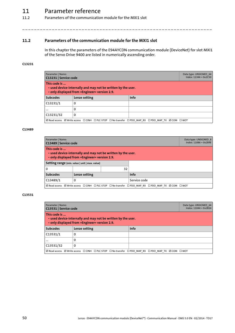 C13231 | service code, C13489 | service code, C13531 | service code | 11 parameter reference | Lenze E94AYCDN User Manual | Page 50 / 89