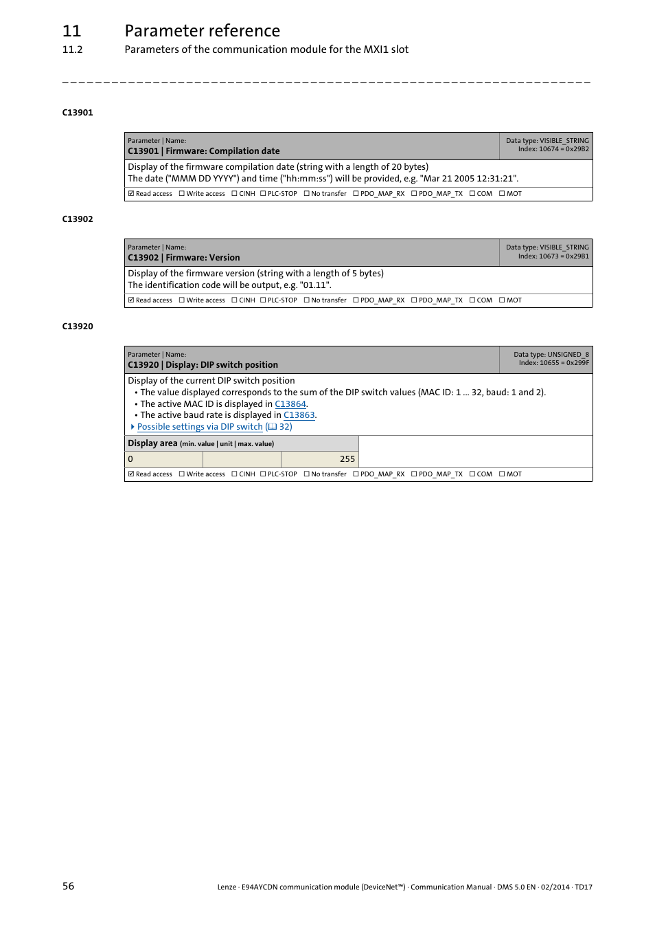 C13901 | firmware: compilation date, C13902 | firmware: version, C13920 | display: dip switch position | 11 parameter reference | Lenze E94AYCDN User Manual | Page 56 / 89