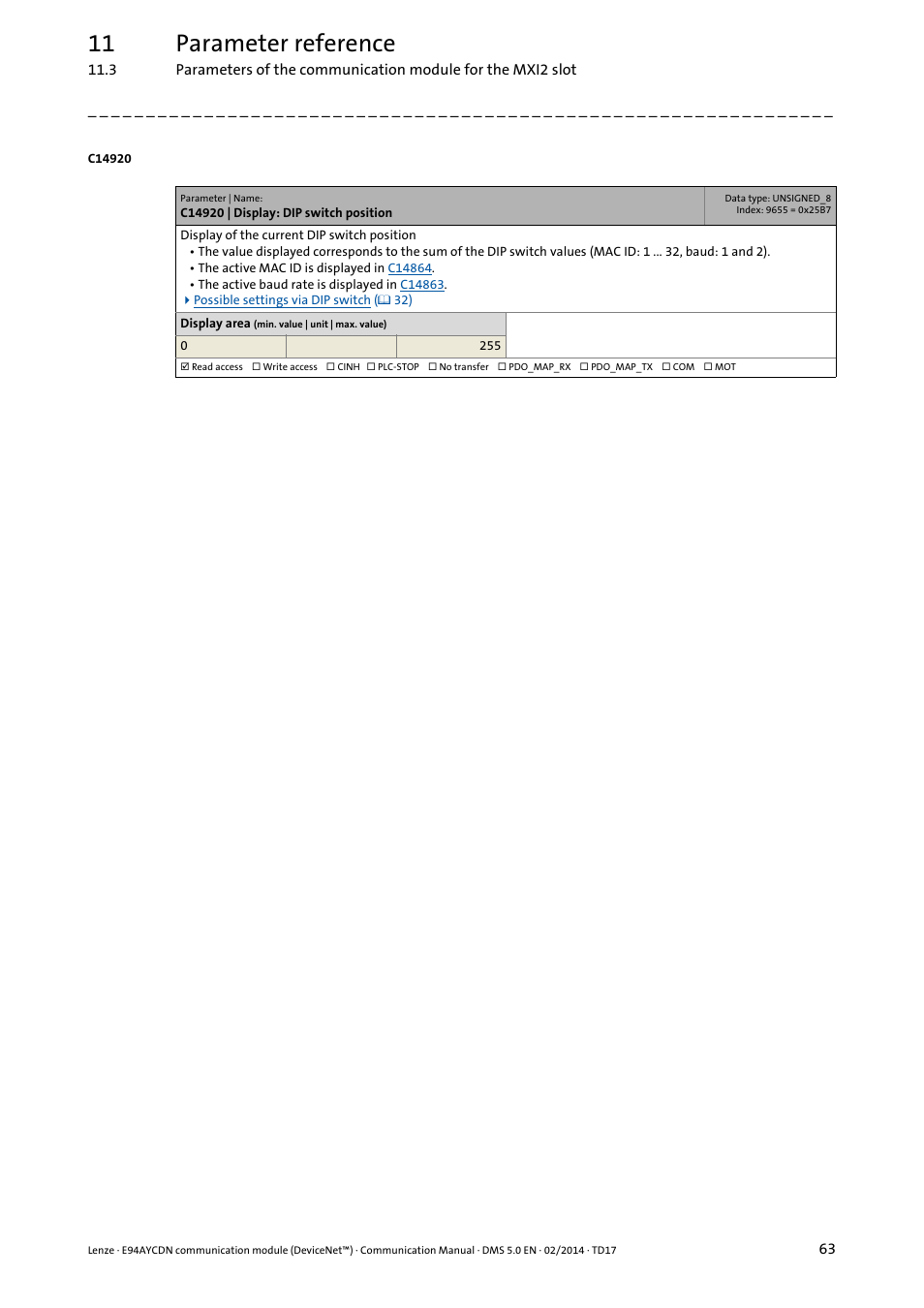 C14920 | display: dip switch position, 11 parameter reference | Lenze E94AYCDN User Manual | Page 63 / 89