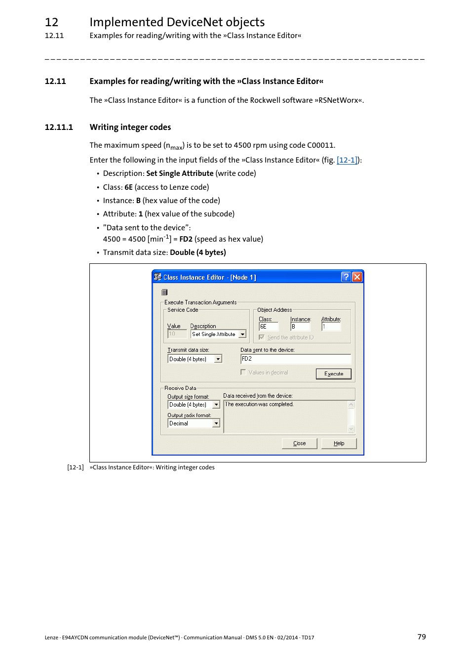 1 writing integer codes, 12 implemented devicenet objects | Lenze E94AYCDN User Manual | Page 79 / 89