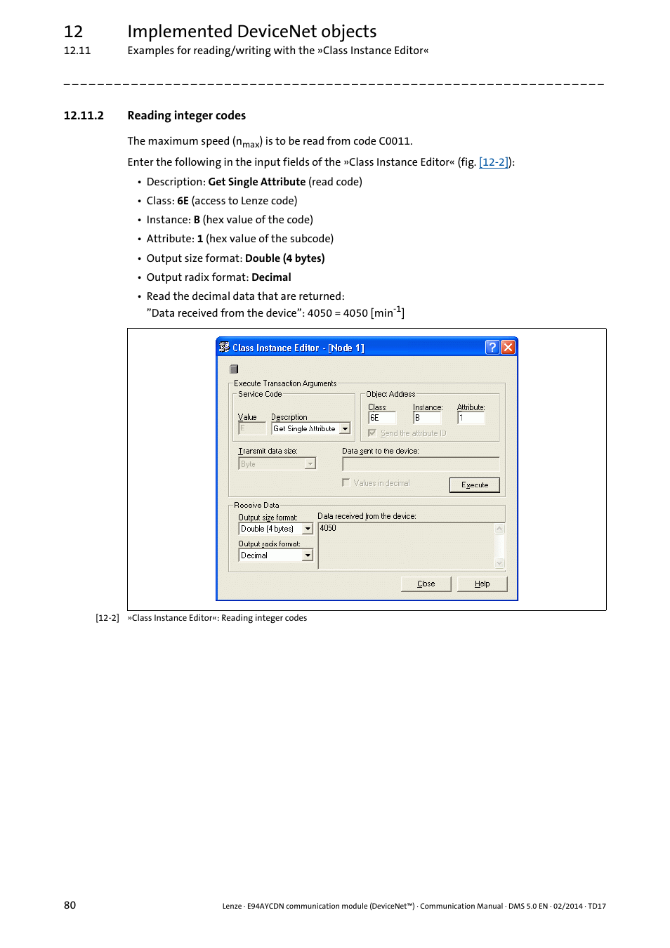 2 reading integer codes, 12 implemented devicenet objects | Lenze E94AYCDN User Manual | Page 80 / 89