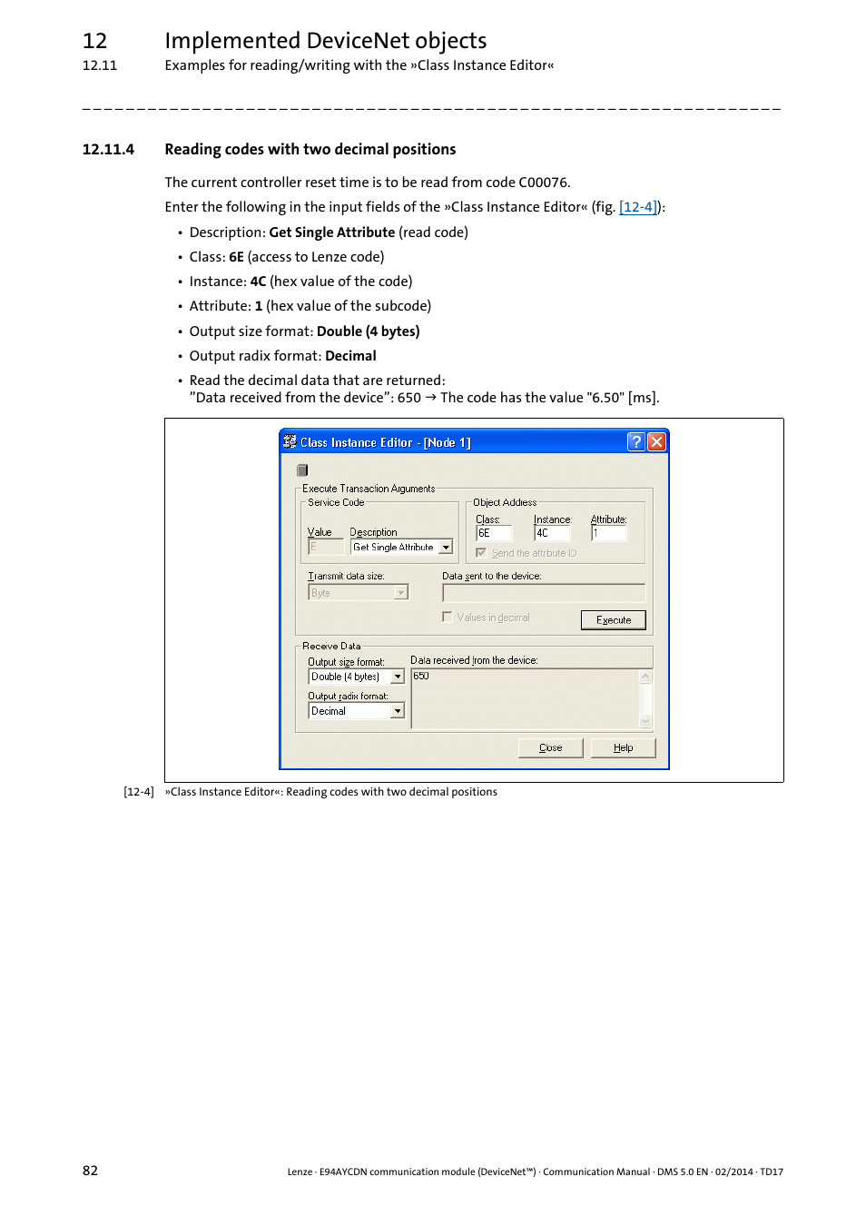 4 reading codes with two decimal positions, 12 implemented devicenet objects | Lenze E94AYCDN User Manual | Page 82 / 89