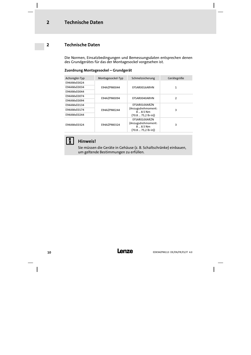 Technische daten, Technische daten 2, 2technische daten | Hinweis | Lenze E94AZPM User Manual | Page 10 / 122
