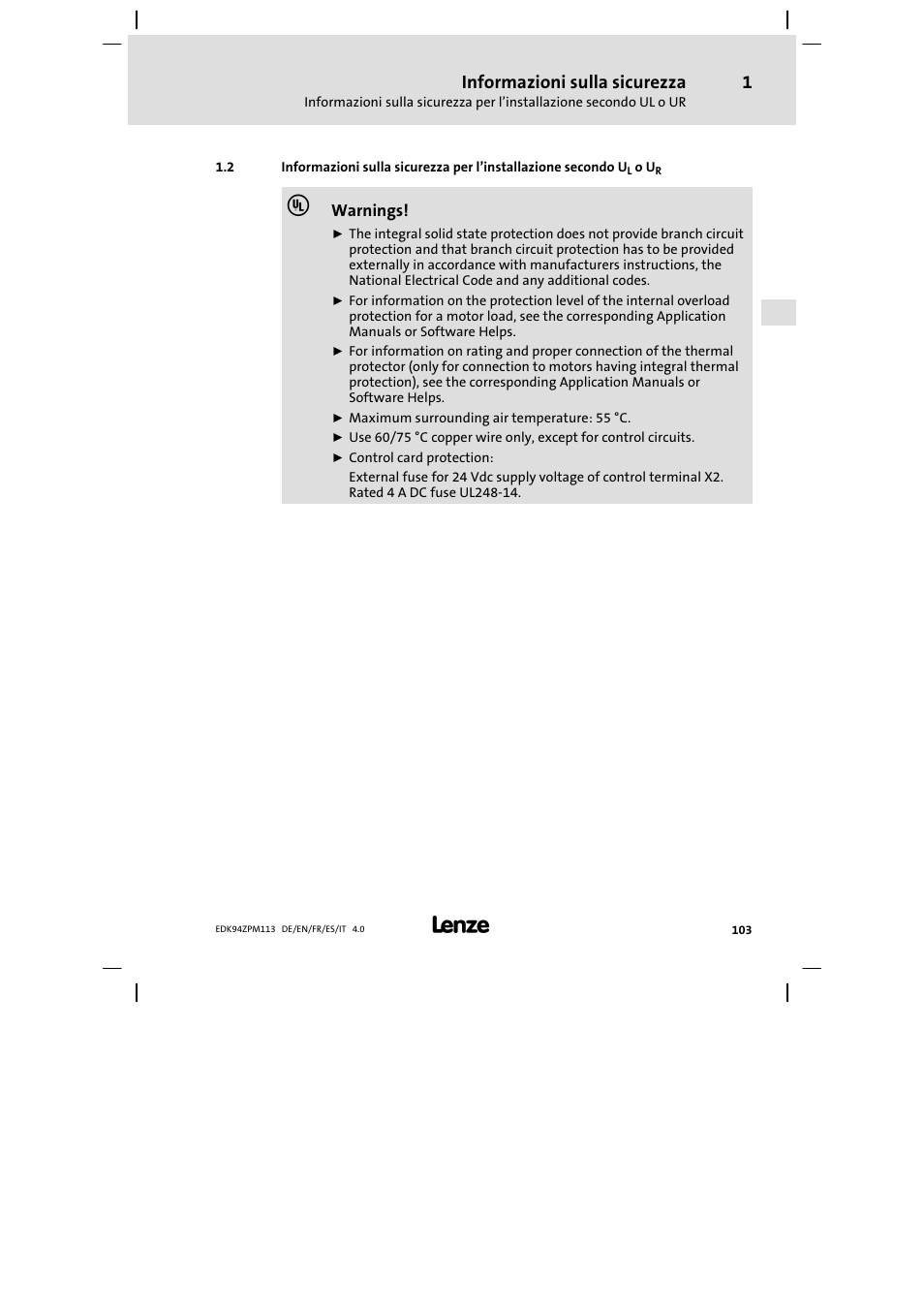 Informazioni sulla sicurezza | Lenze E94AZPM User Manual | Page 103 / 122