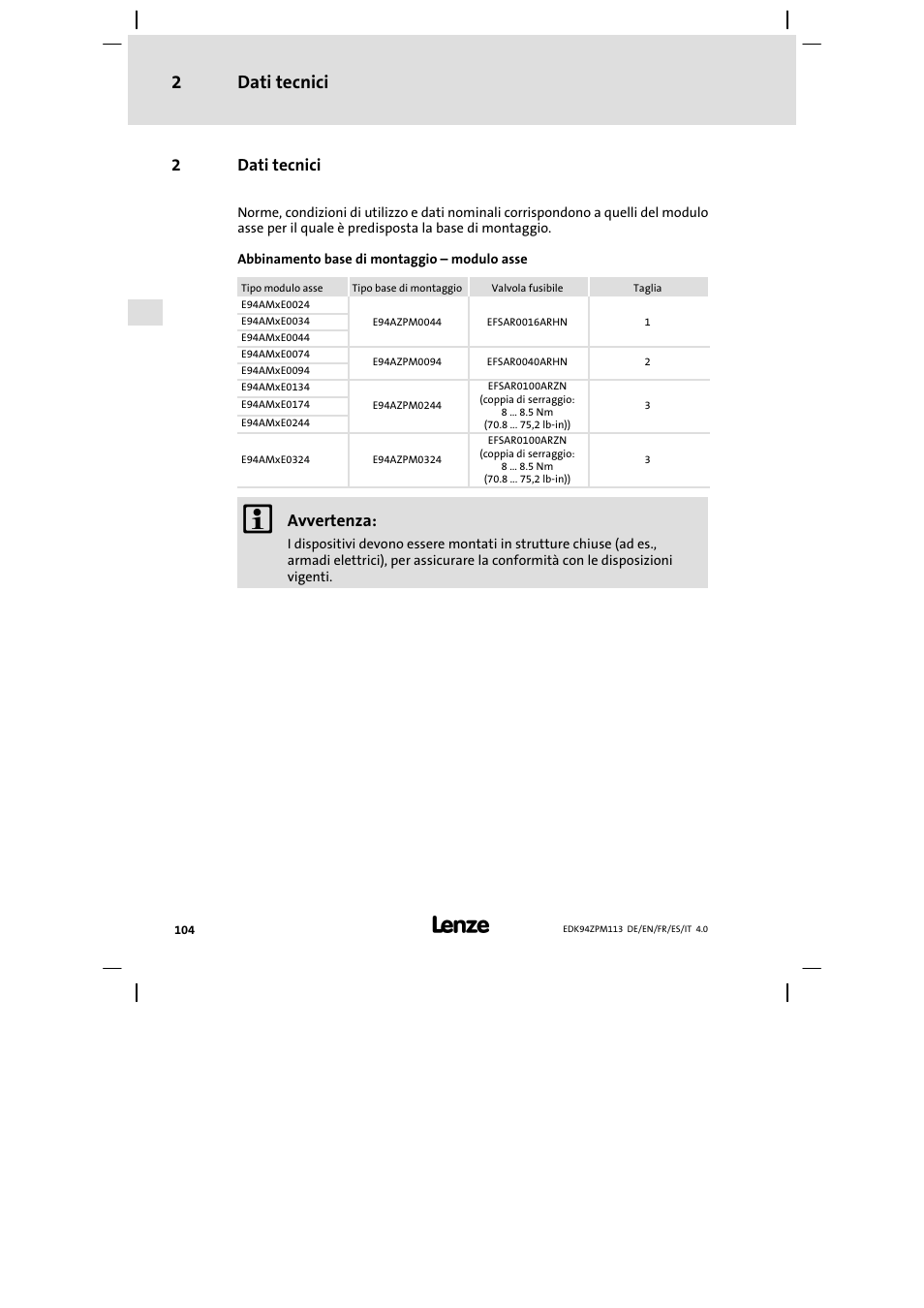 Dati tecnici, Dati tecnici 2, 2dati tecnici | Avvertenza | Lenze E94AZPM User Manual | Page 104 / 122
