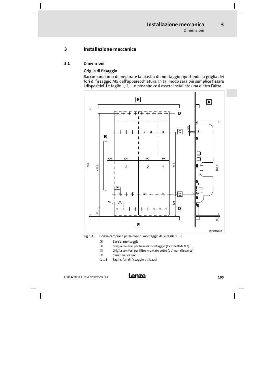Installazione meccanica, Dimensioni, 3installazione meccanica | Lenze E94AZPM User Manual | Page 105 / 122