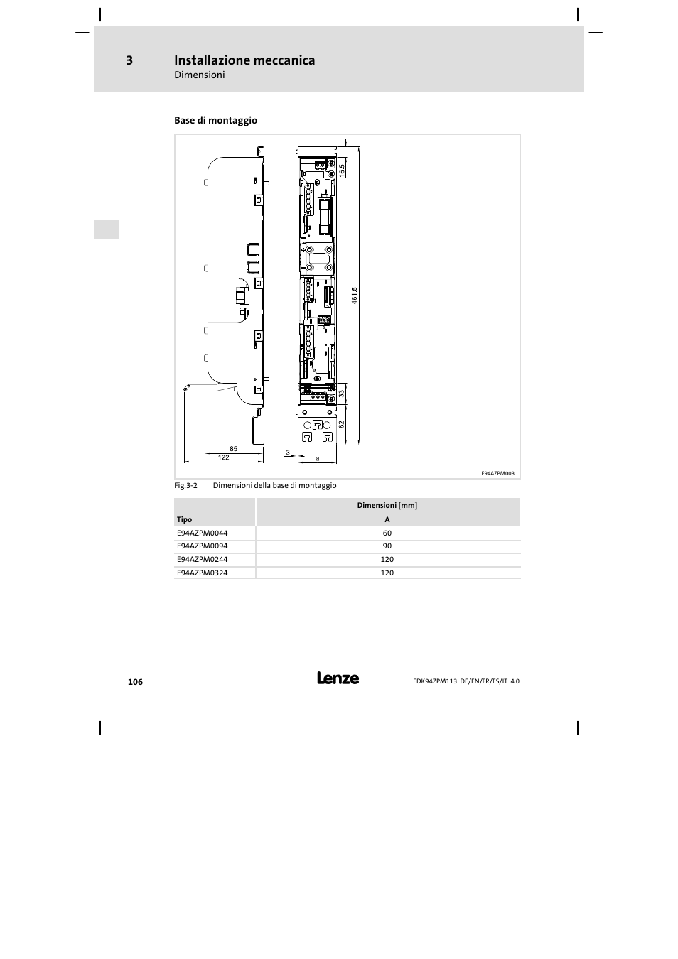 Installazione meccanica | Lenze E94AZPM User Manual | Page 106 / 122