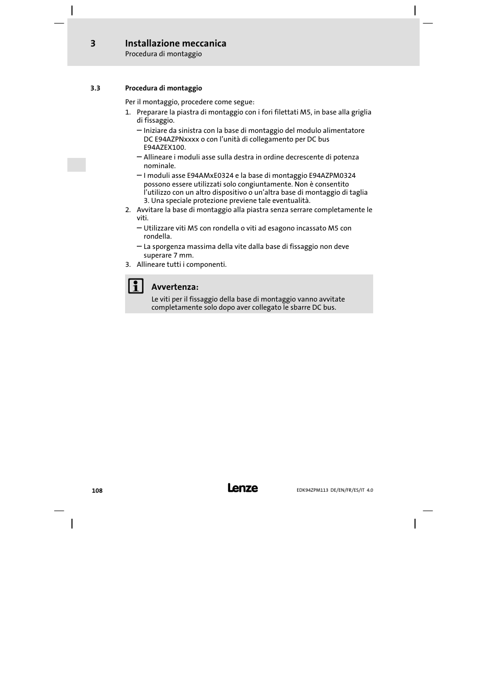 Procedura di montaggio, Installazione meccanica | Lenze E94AZPM User Manual | Page 108 / 122