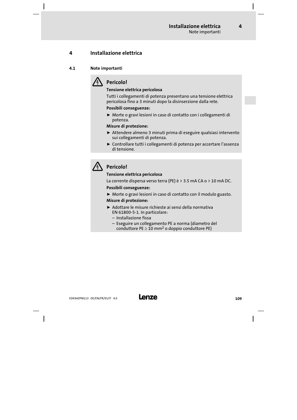 Installazione elettrica, Note importanti | Lenze E94AZPM User Manual | Page 109 / 122