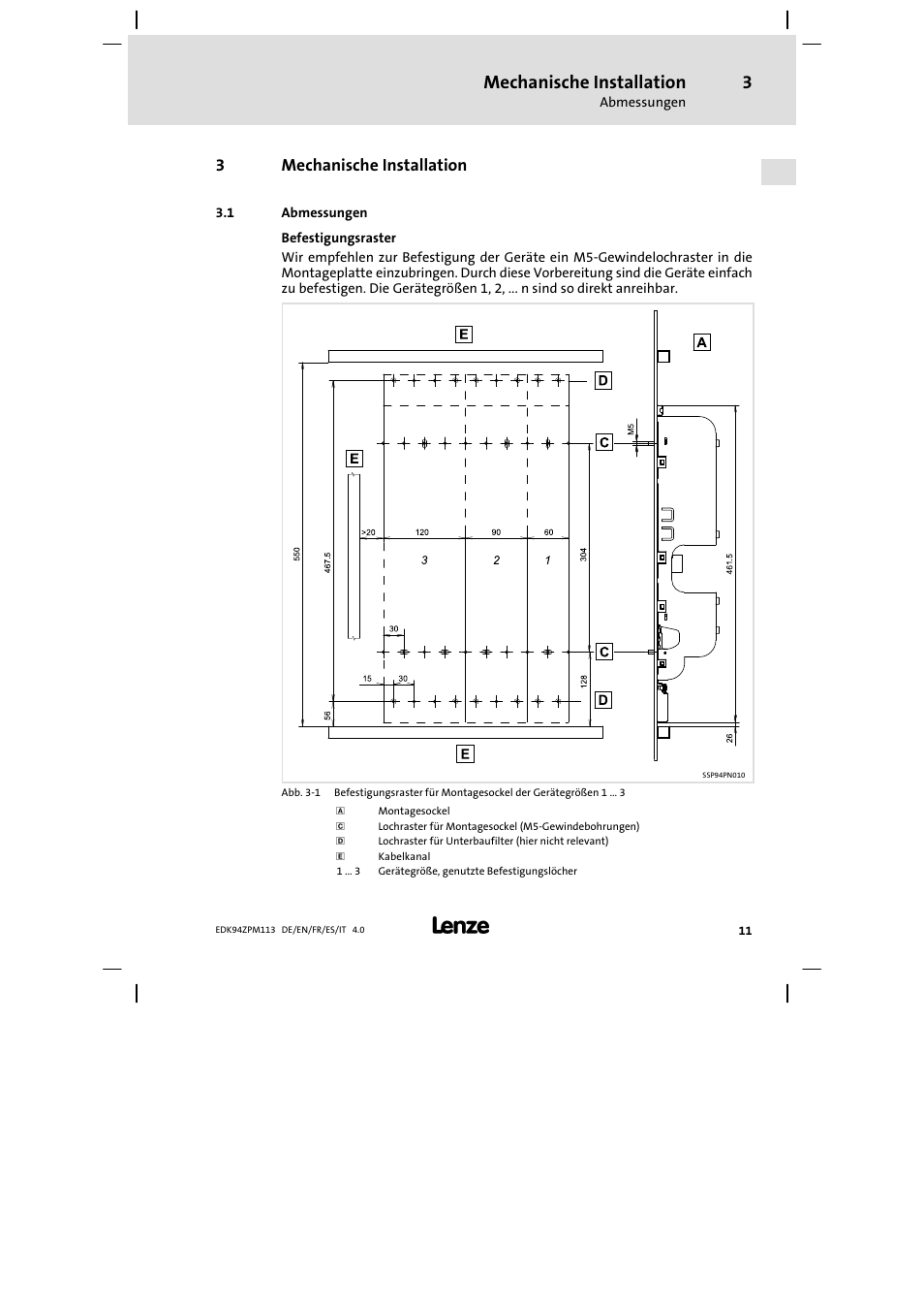 Mechanische installation, Abmessungen, 3mechanische installation | Lenze E94AZPM User Manual | Page 11 / 122