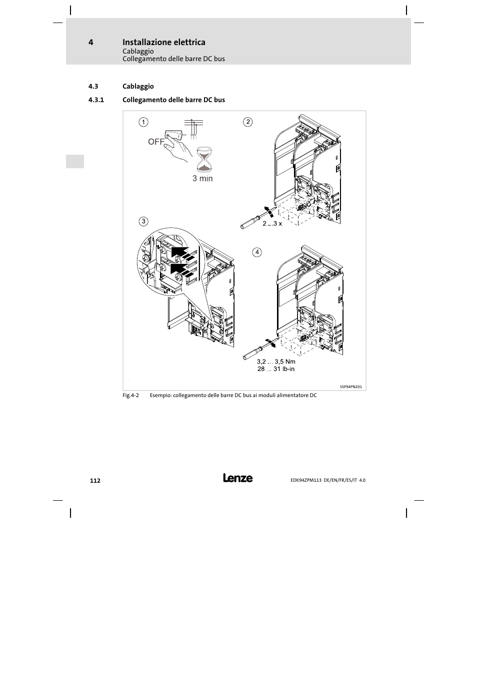 Cablaggio, Collegamento delle barre dc bus, Installazione elettrica | Lenze E94AZPM User Manual | Page 112 / 122