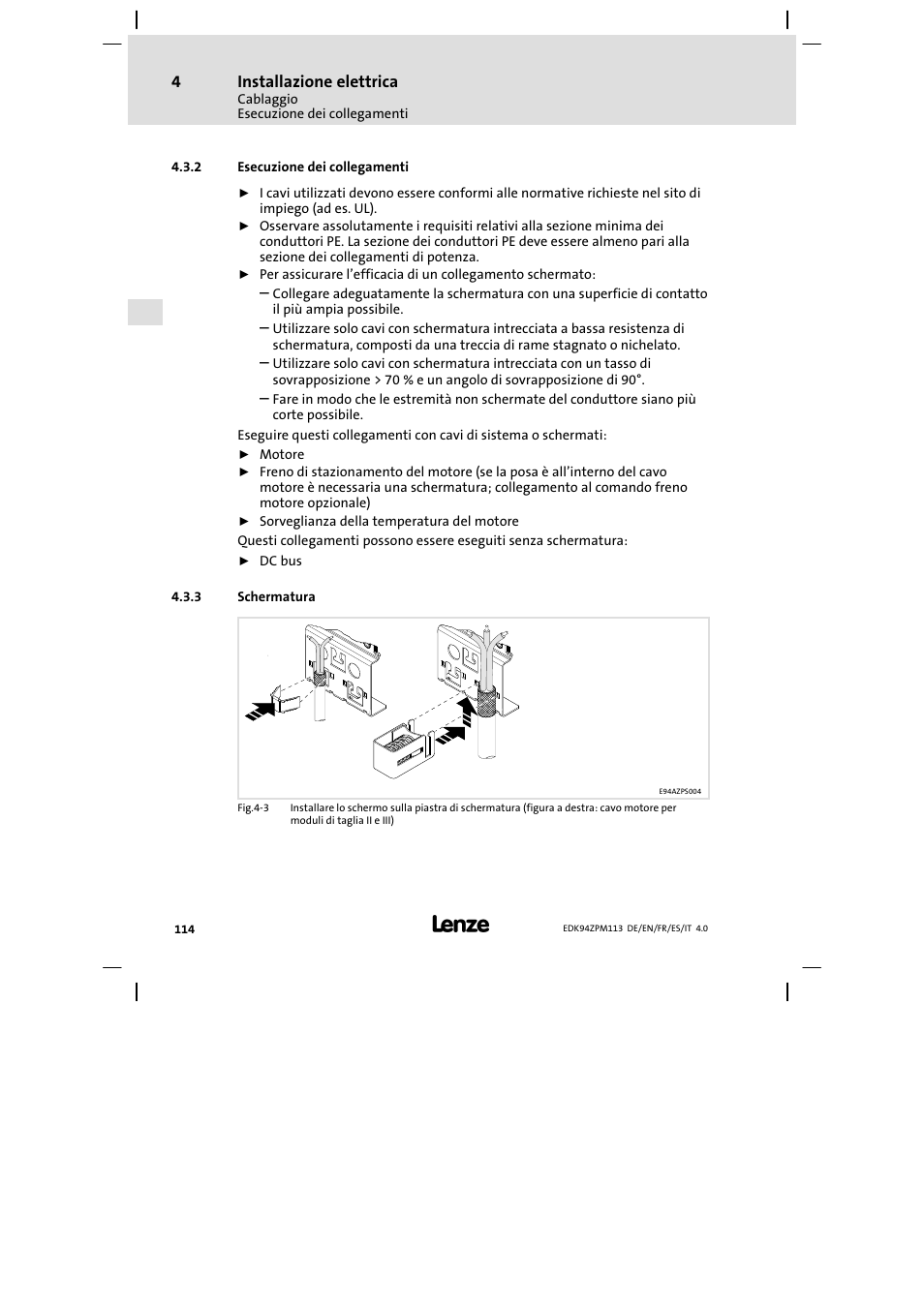 Esecuzione dei collegamenti, Schermatura | Lenze E94AZPM User Manual | Page 114 / 122