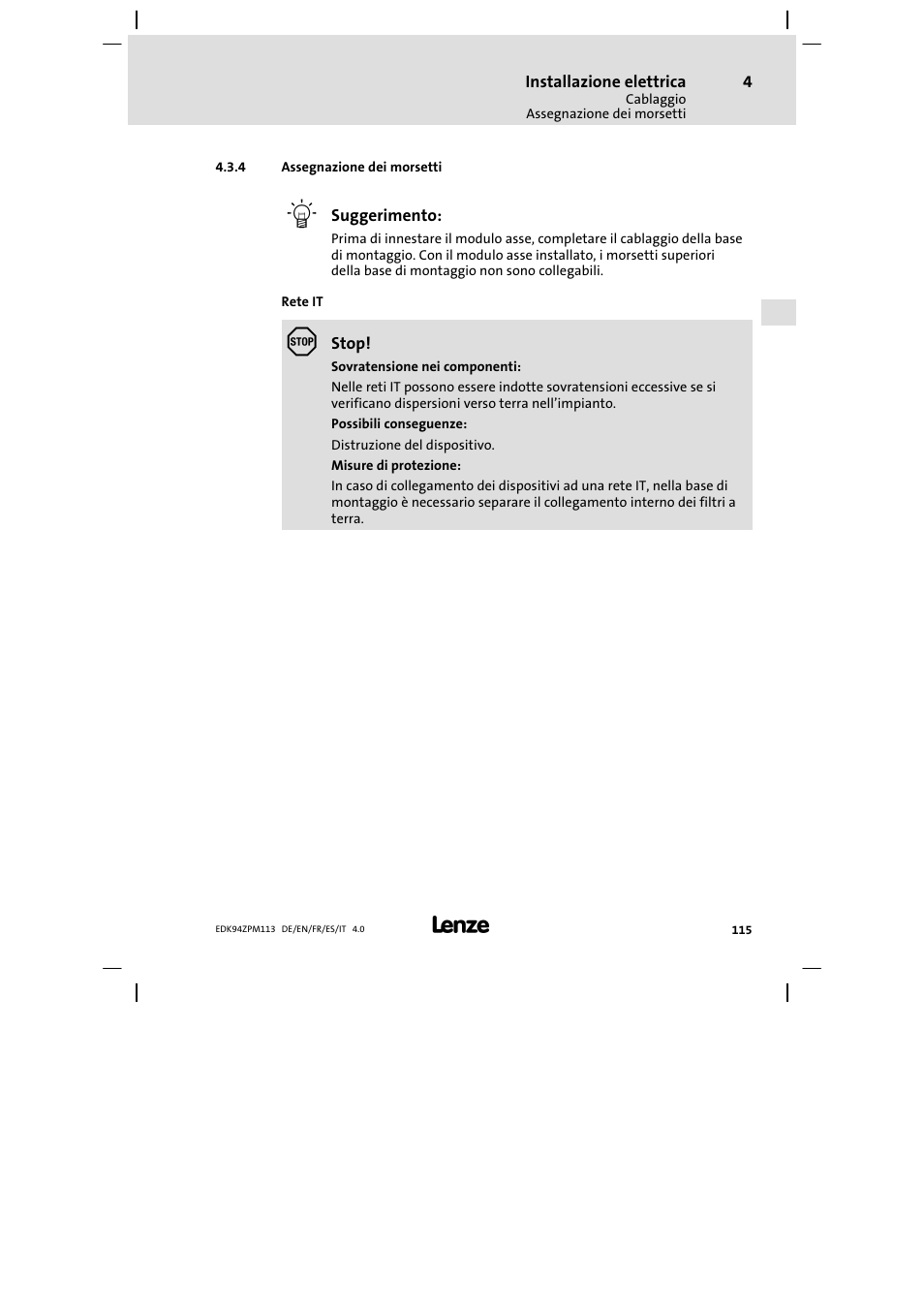 Assegnazione dei morsetti | Lenze E94AZPM User Manual | Page 115 / 122