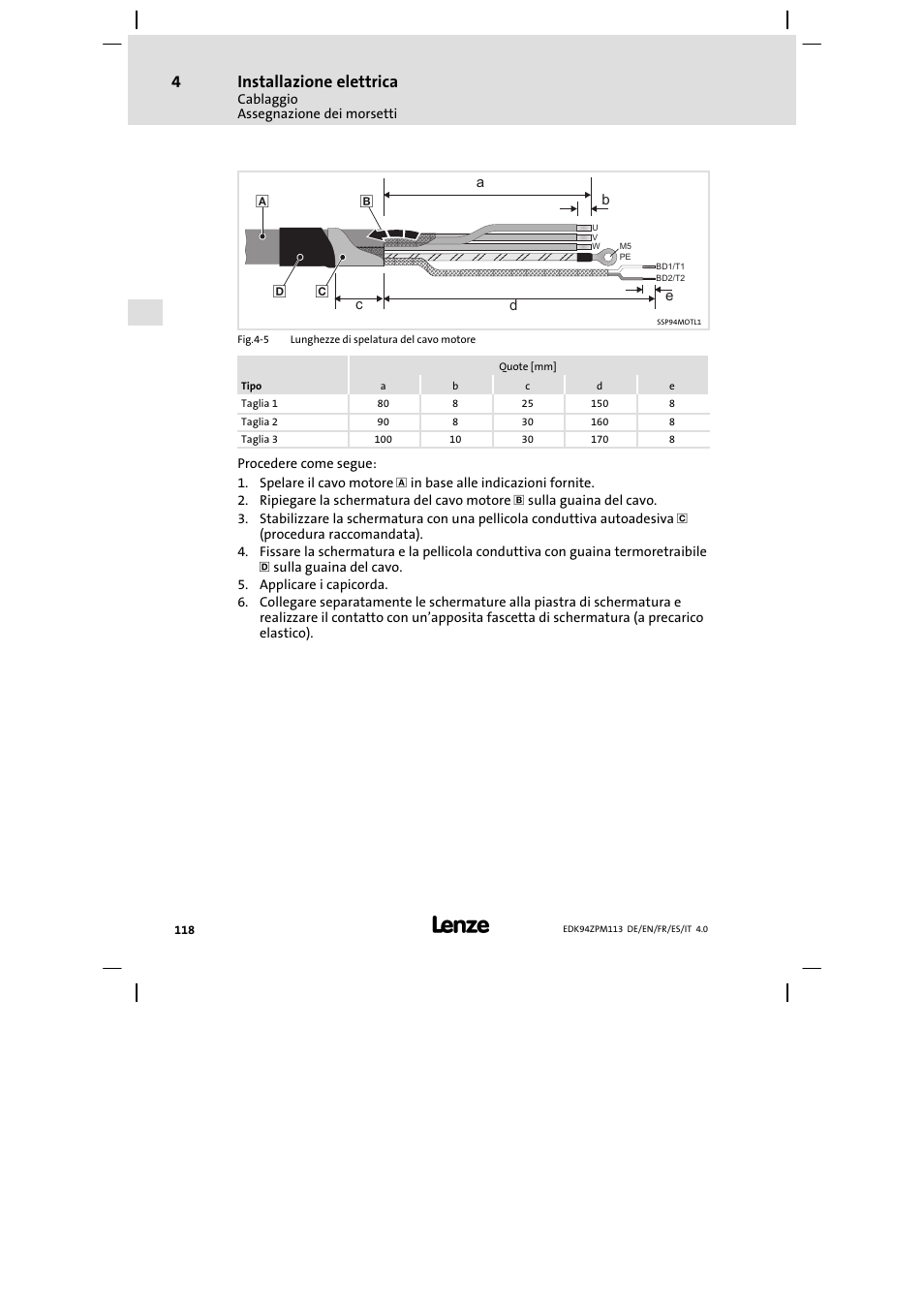 Installazione elettrica | Lenze E94AZPM User Manual | Page 118 / 122