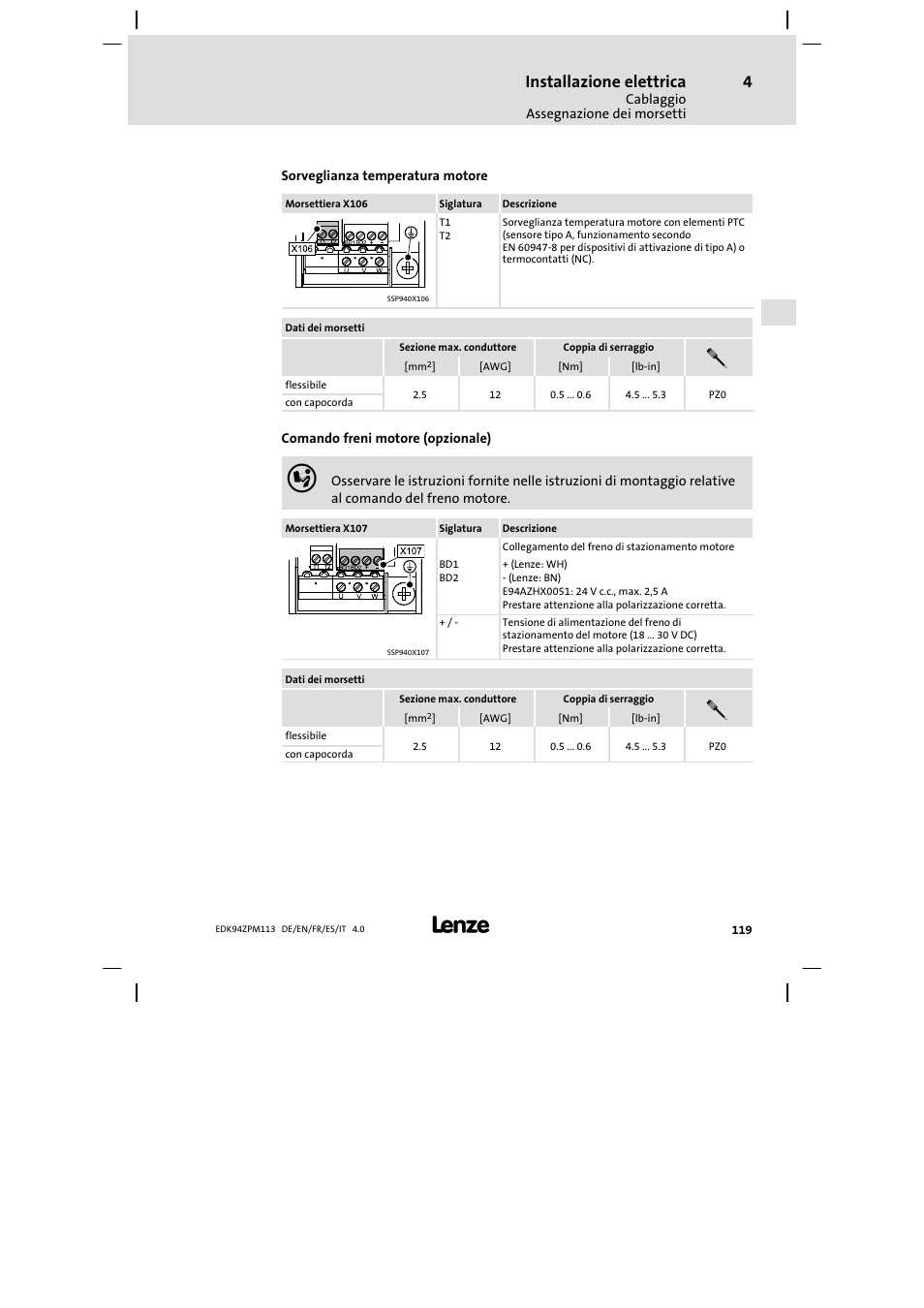 Installazione elettrica | Lenze E94AZPM User Manual | Page 119 / 122