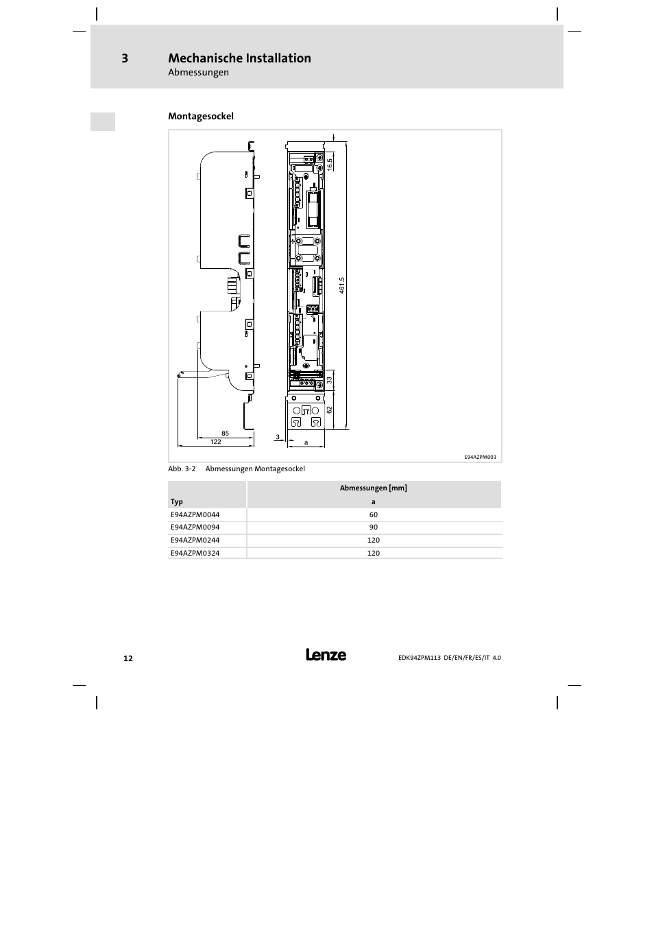 Mechanische installation | Lenze E94AZPM User Manual | Page 12 / 122