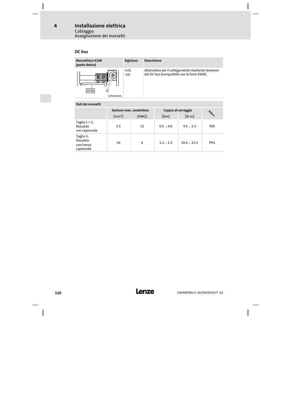 Installazione elettrica | Lenze E94AZPM User Manual | Page 120 / 122