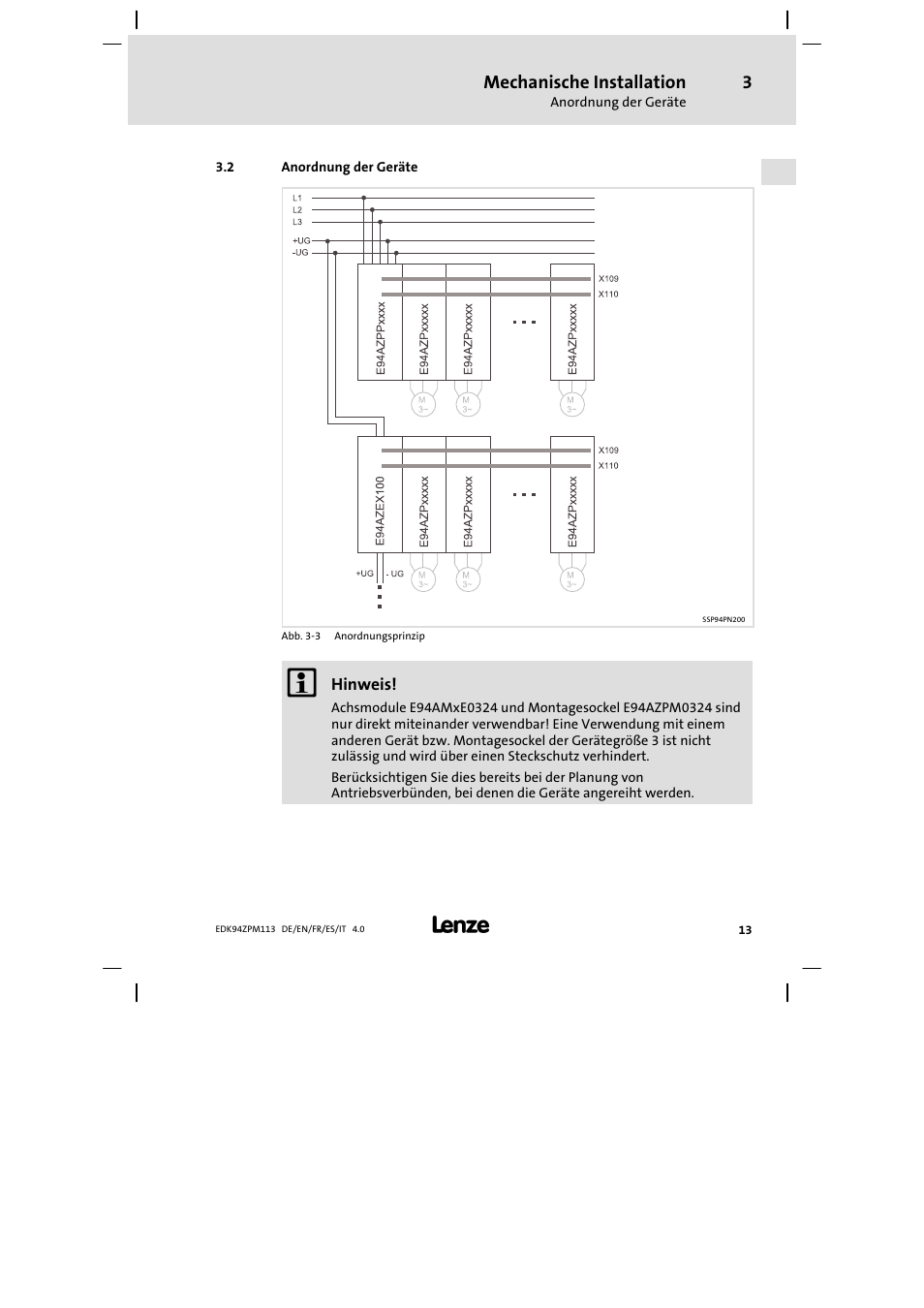 Anordnung der geräte, Mechanische installation | Lenze E94AZPM User Manual | Page 13 / 122