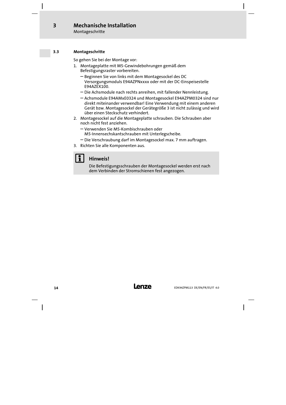 Montageschritte, Mechanische installation | Lenze E94AZPM User Manual | Page 14 / 122