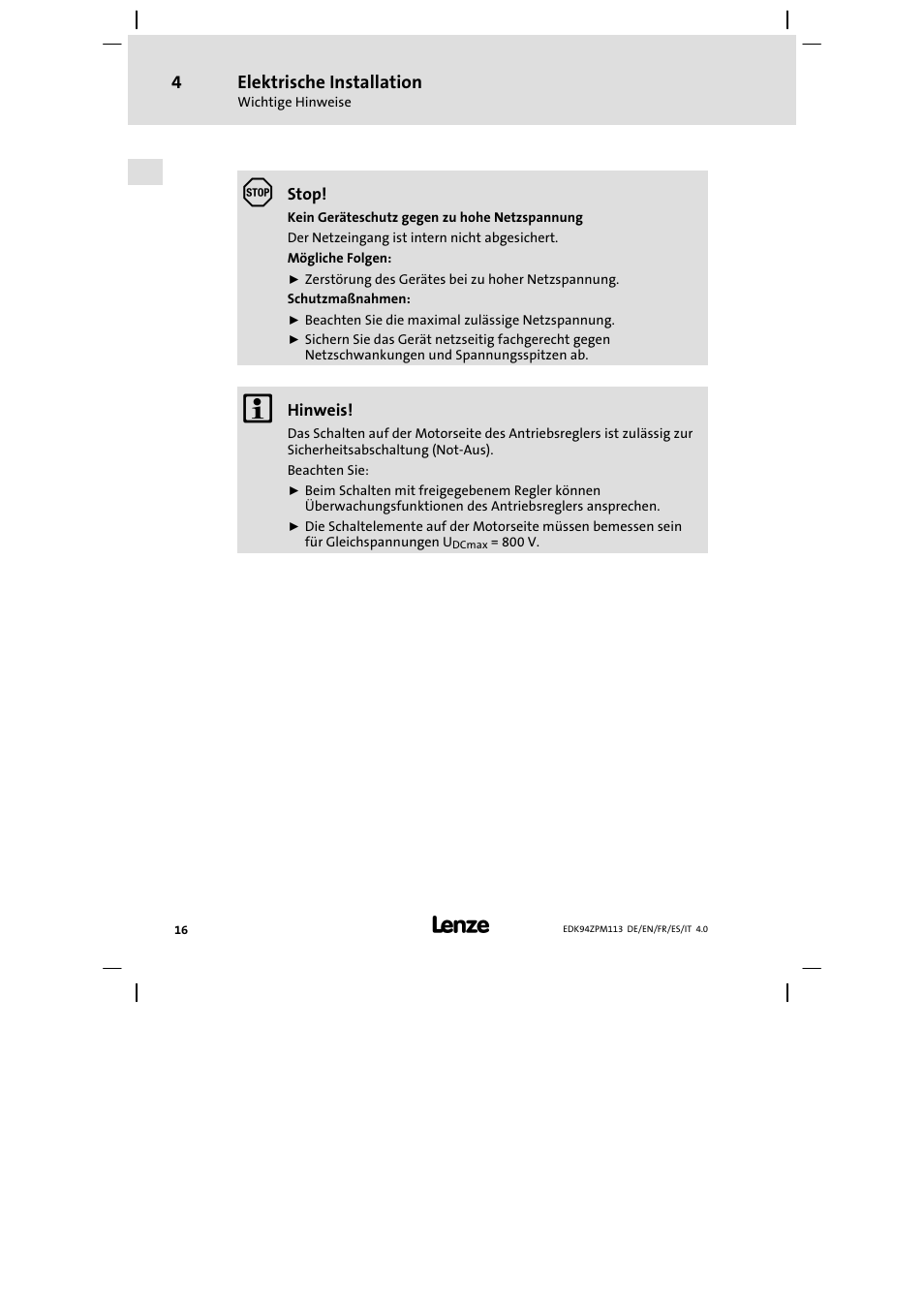 Lenze E94AZPM User Manual | Page 16 / 122
