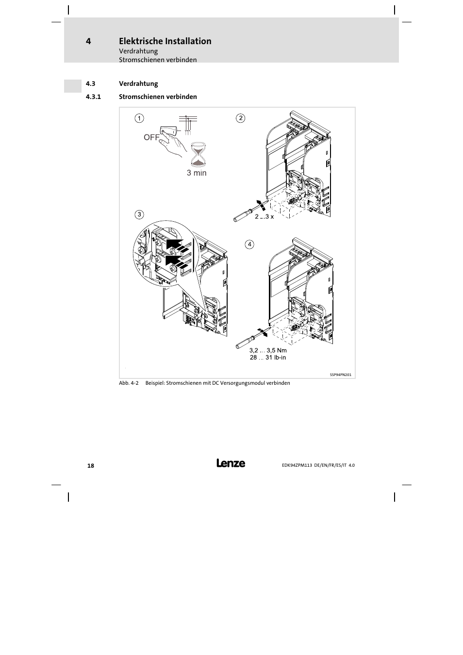 Verdrahtung, Stromschienen verbinden, Elektrische installation | Lenze E94AZPM User Manual | Page 18 / 122