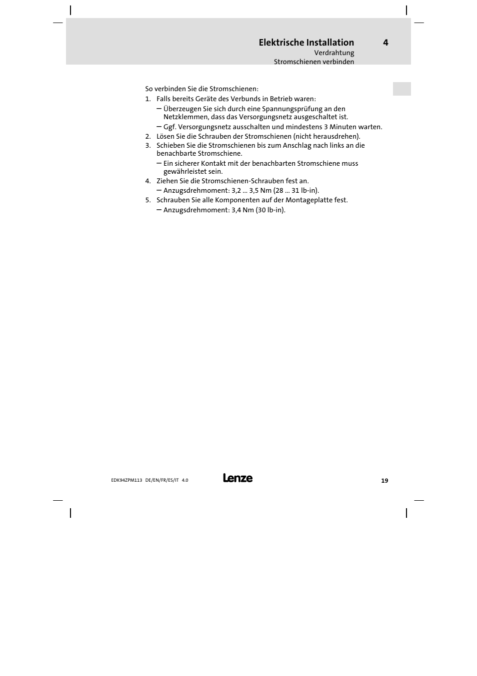 Elektrische installation | Lenze E94AZPM User Manual | Page 19 / 122