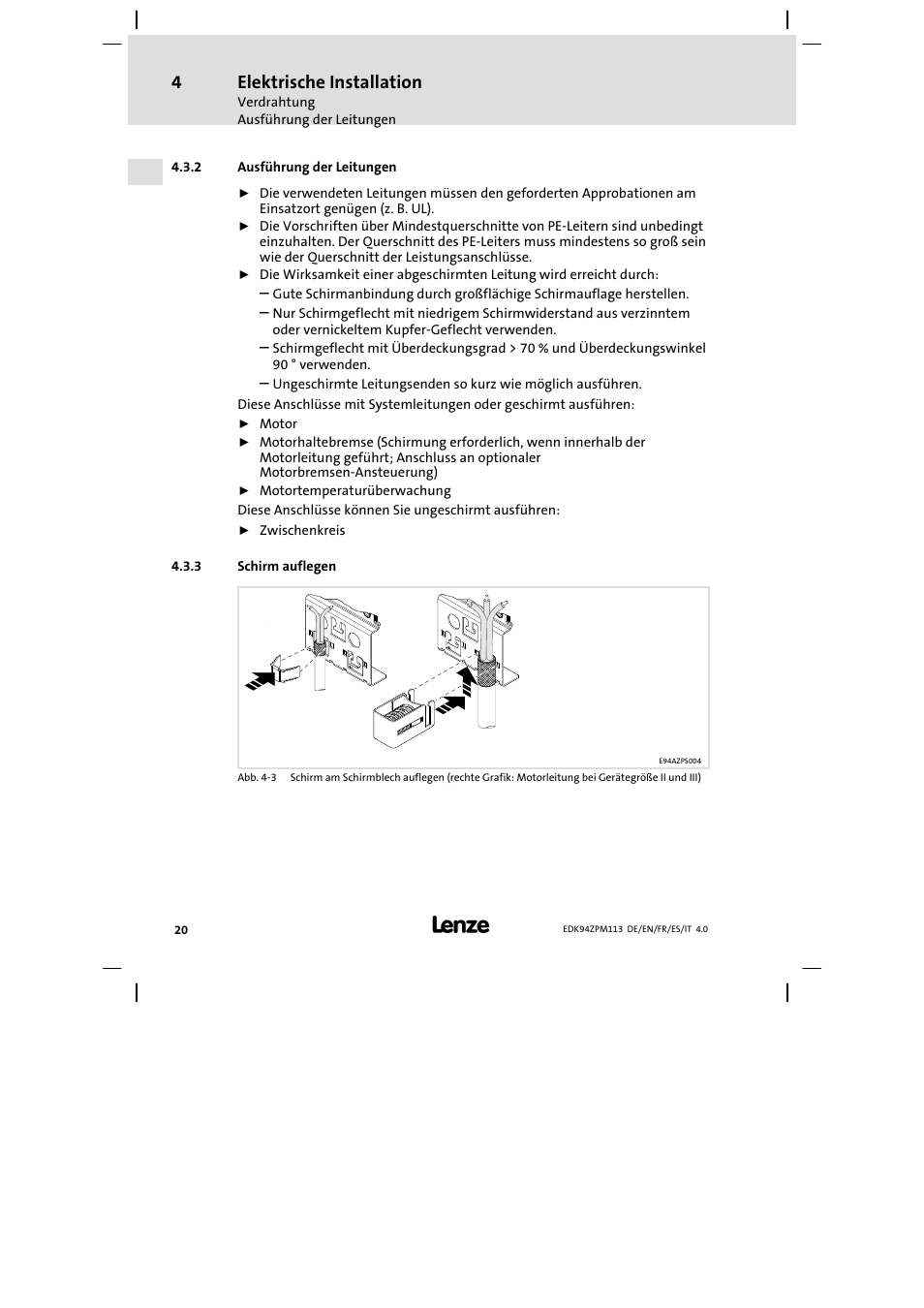 Ausführung der leitungen, Schirm auflegen, Elektrische installation | Lenze E94AZPM User Manual | Page 20 / 122