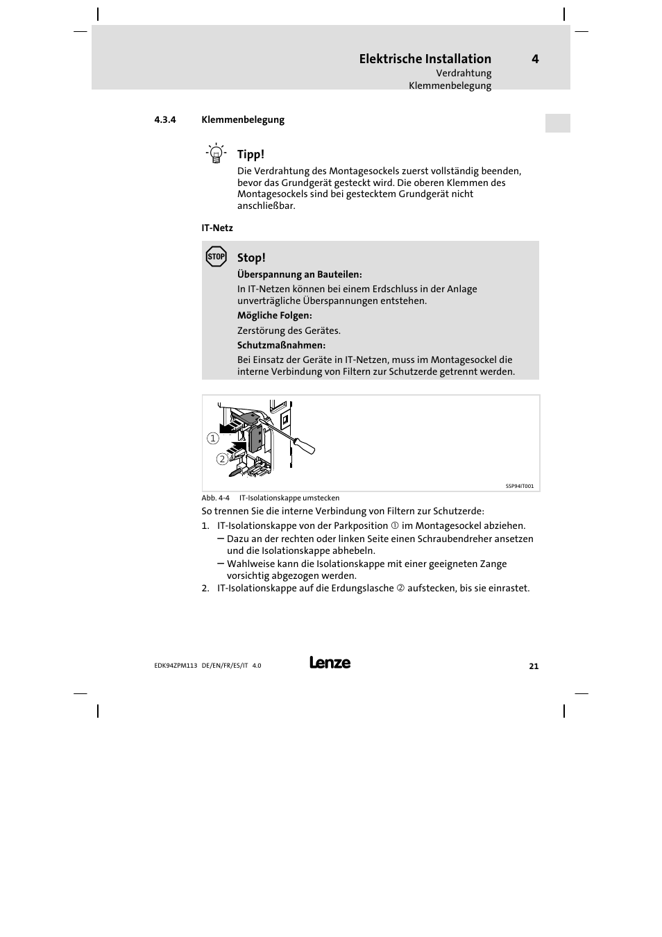 Klemmenbelegung, Elektrische installation | Lenze E94AZPM User Manual | Page 21 / 122