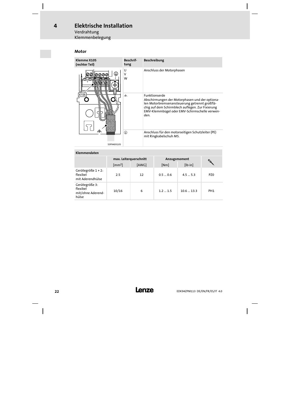 Elektrische installation | Lenze E94AZPM User Manual | Page 22 / 122